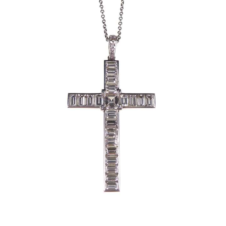 Square and bagutte cut diamond cross pendant